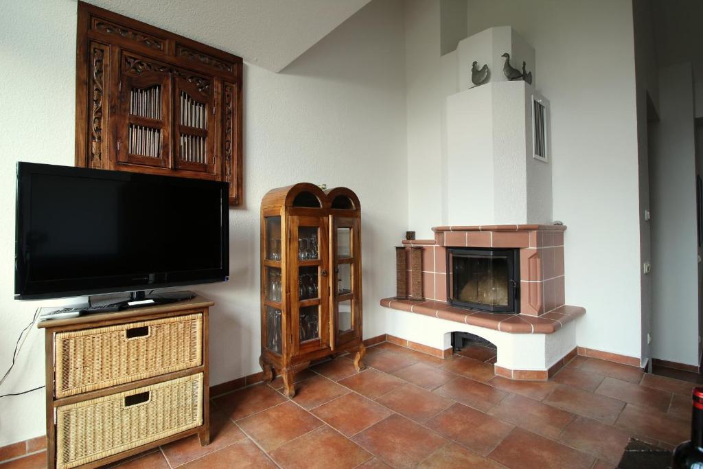 a living room with a television and a fireplace at Ostseekieker in Wustrow