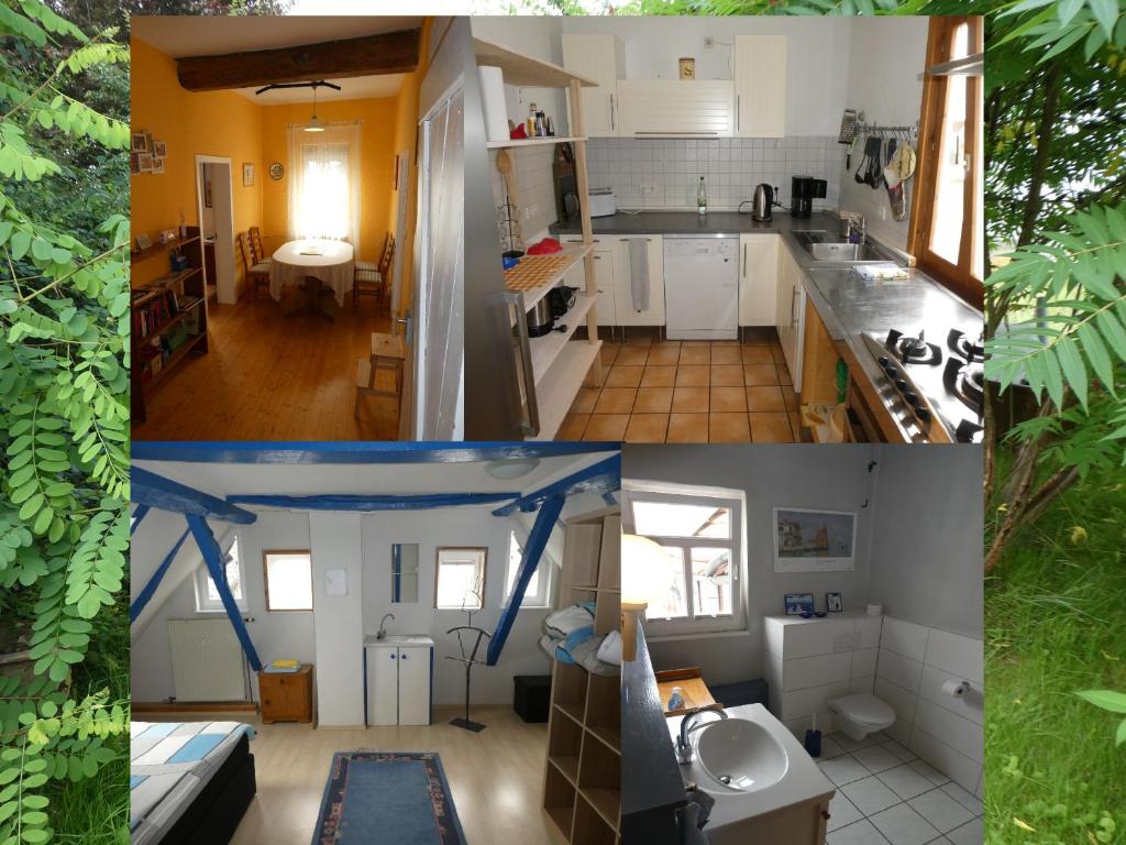 a collage of photos of a kitchen and a house at Am Backhaus in Gleiberg
