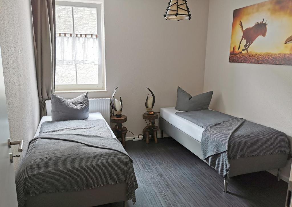 1 Schlafzimmer mit 2 Betten und einem Fenster in der Unterkunft Apartment Kapstadt in Mühlhausen