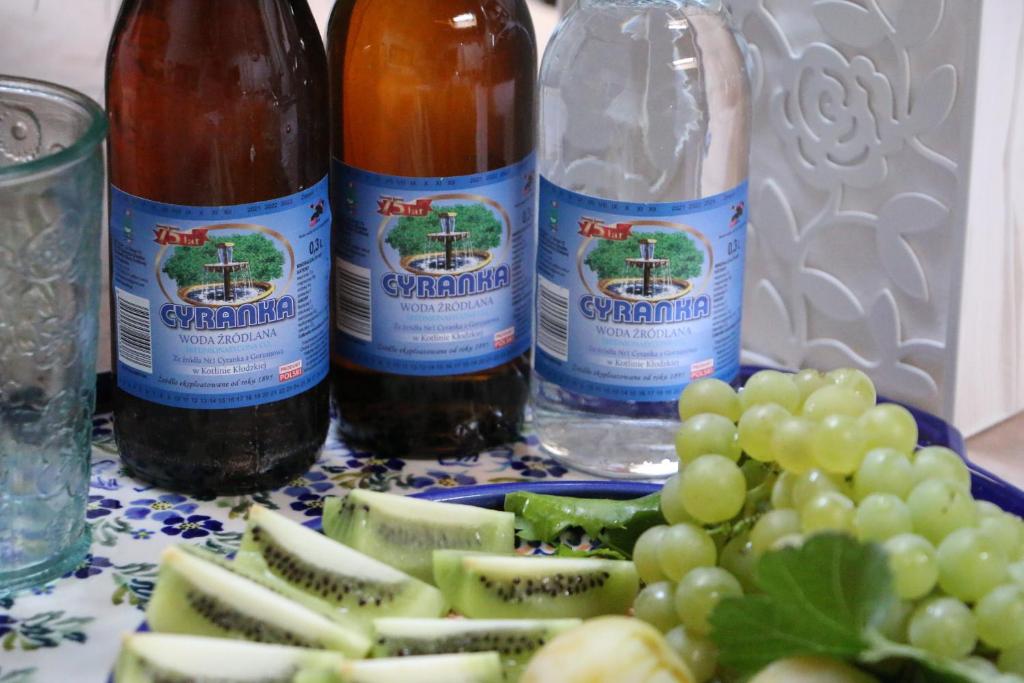 dwie butelki wina i talerz winogron i kiwi w obiekcie Pszczelarnia Dom Pracy Twórczej w mieście Wilkanów