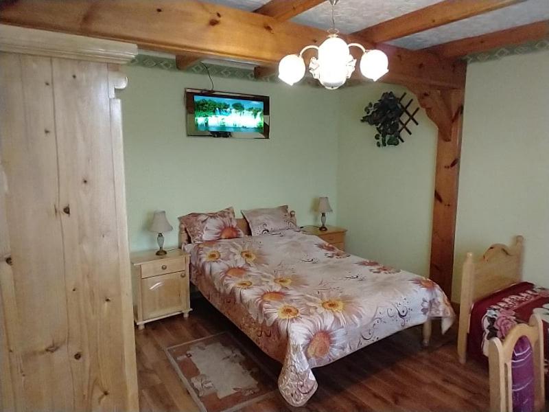 a bedroom with a bed and a tv on the wall at Letni Domek , Ogrzewany, z bilardem in Ruciane-Nida