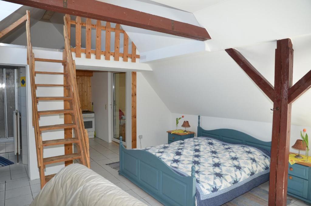 a bedroom with a bunk bed and a ladder at Ferienhof Frohne - Kornspeicher in Merzen