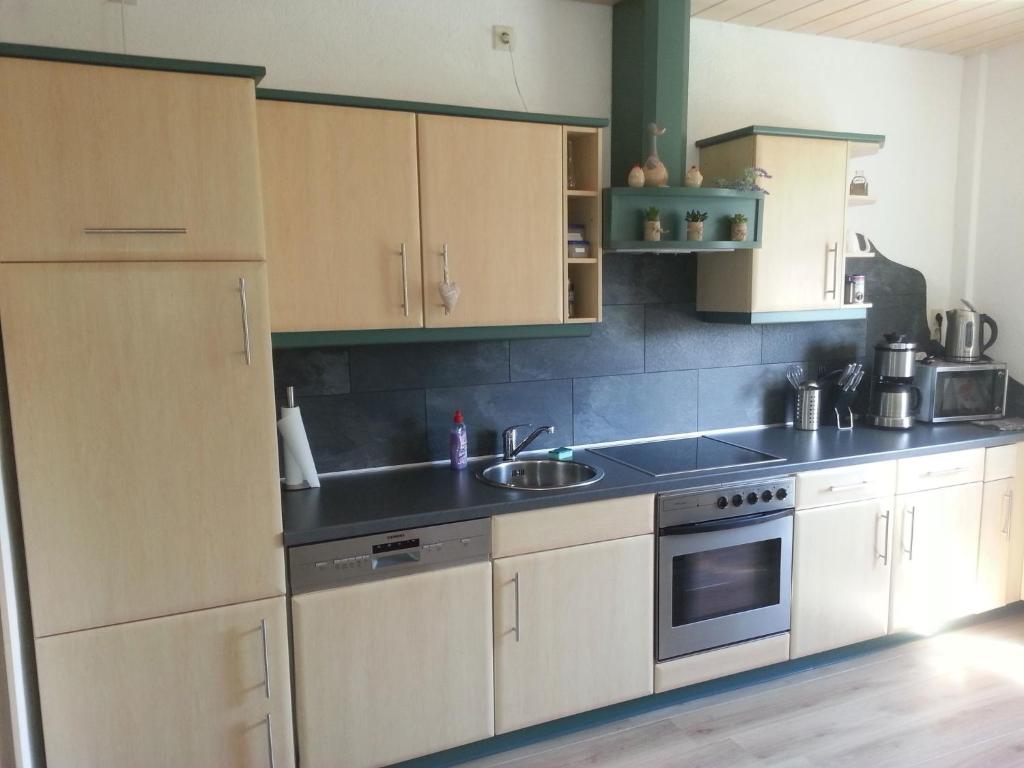 a kitchen with white cabinets and a sink at Ferienwohnung "Am Vaterlandsgrubenweg" in Oelsnitz