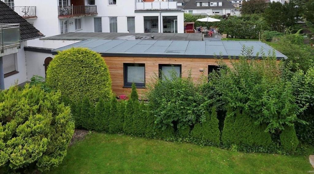 a house with a green hedge in a yard at Haus Fritz in Dahme