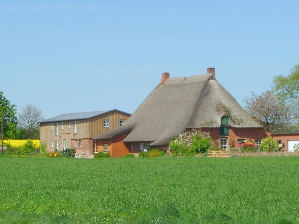 una casa grande con techo de paja en un campo en "Hof Triangel - Whg 3" - Bauernhofurlaub, en Riepsdorf