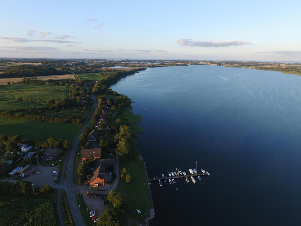 an aerial view of a lake with boats in it at Schleiblick App 7 in Rabenkirchen-Faulück