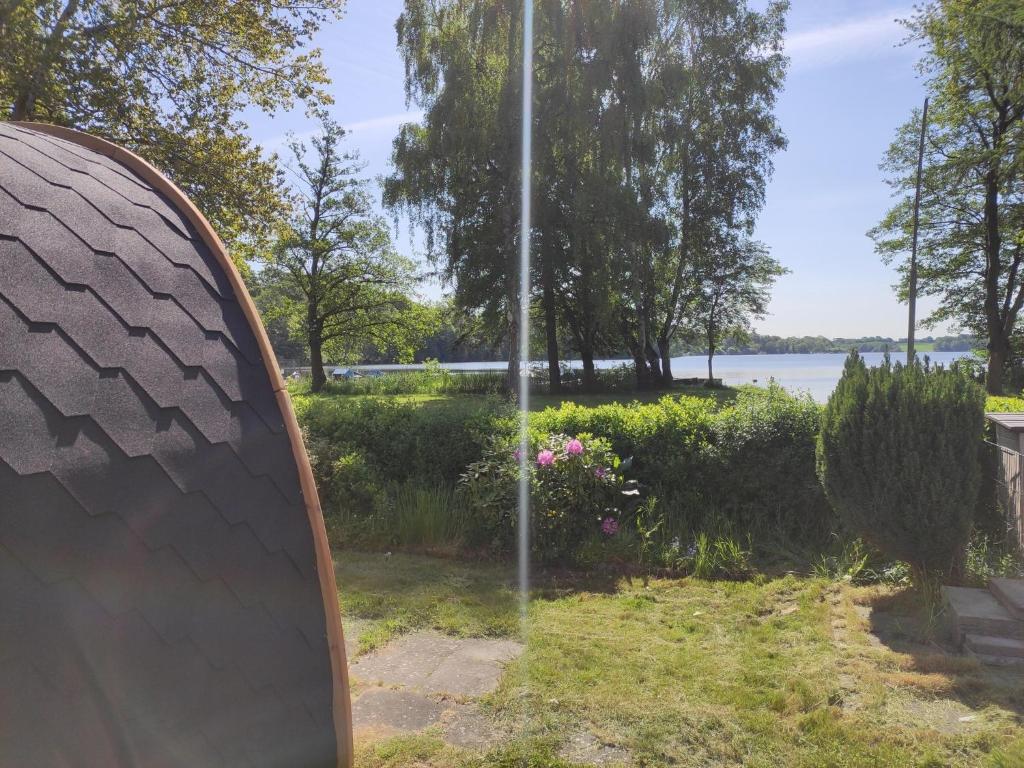 a surfboard sitting in the grass near a body of water at Glamping POD in Wittenborn