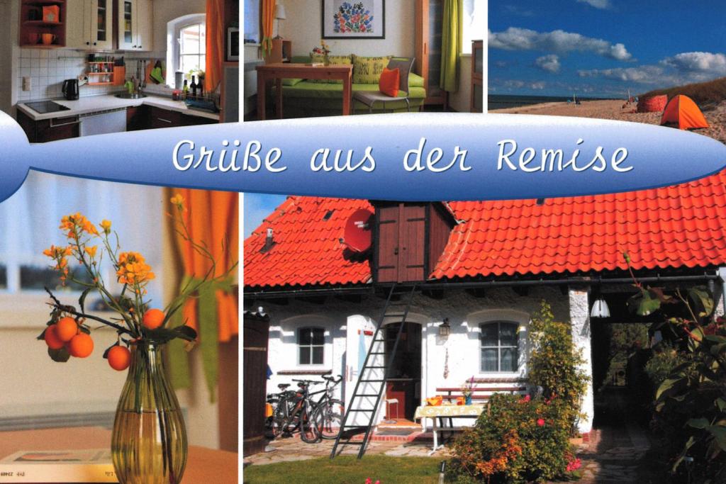 a collage of pictures of a house with a sign at Remise in Zingst