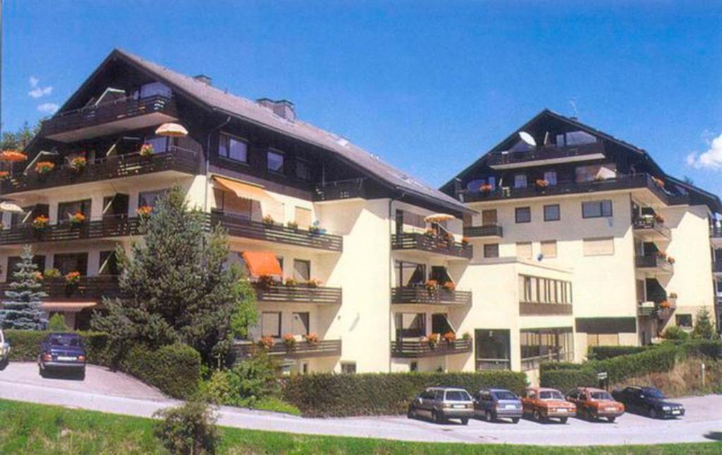 un grande edificio con macchine parcheggiate di fronte di Kappel App 21 a Lenzkirch