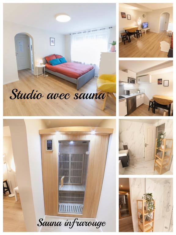 un collage de quatre photos d'une pièce dans l'établissement PRESTIGELOC - 3 Studios au Choix - 2 avec Sauna privé gratuit, 1 avec 3 Couchages, Centre-ville, à Orléans