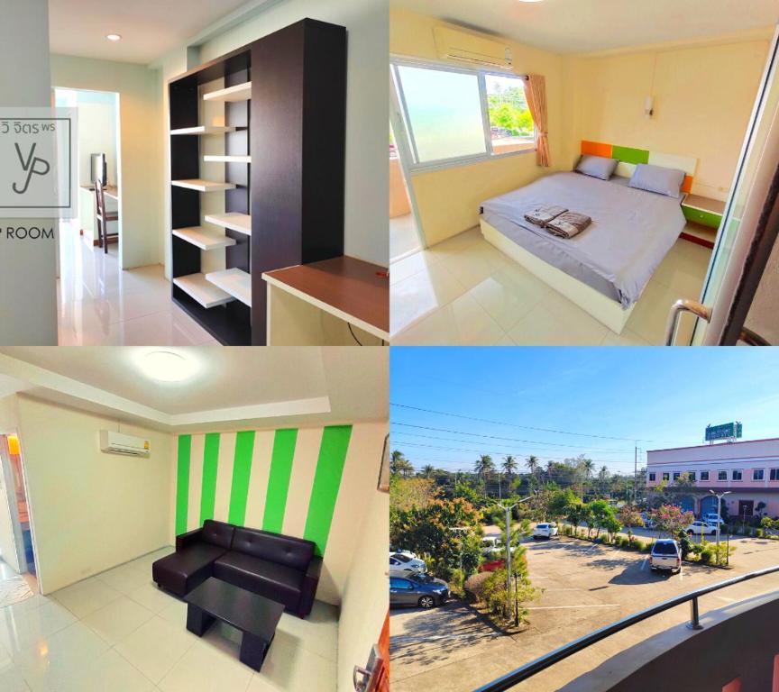 a collage of photos of a bedroom and a room at โรงแรมวิจิตรพร อุบล VJP Hotel Ubon in Ubon Ratchathani