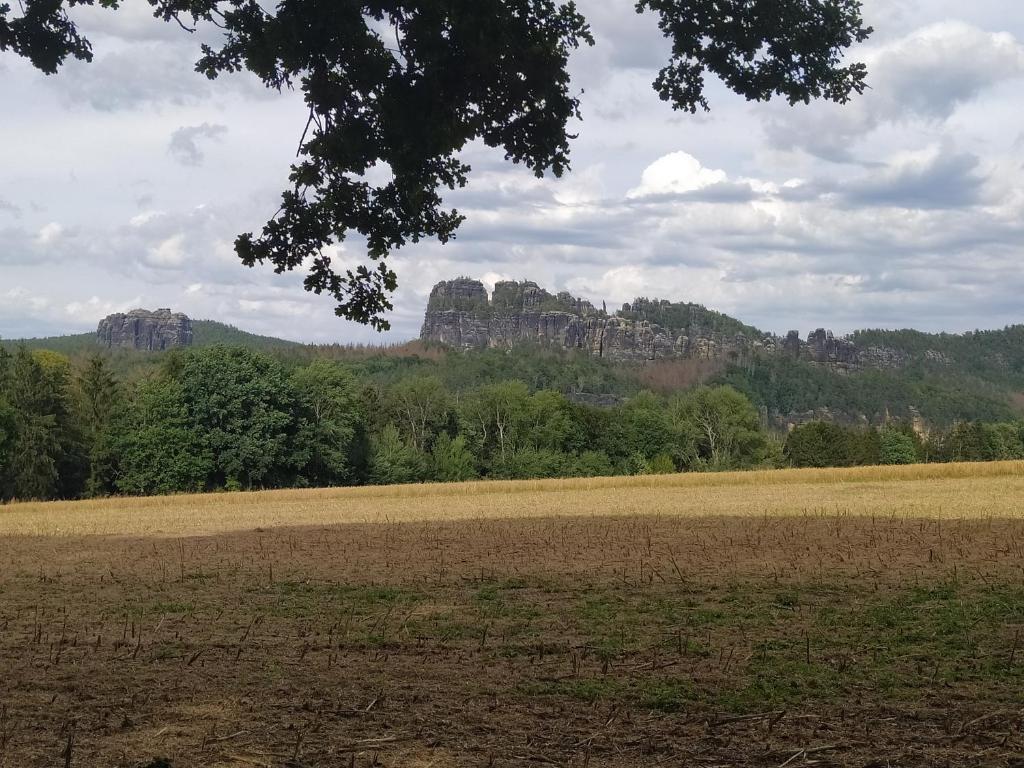 ein Feld mit einer Felsformation im Hintergrund in der Unterkunft Ferienwohnung zum Hirschgrund in Schöna