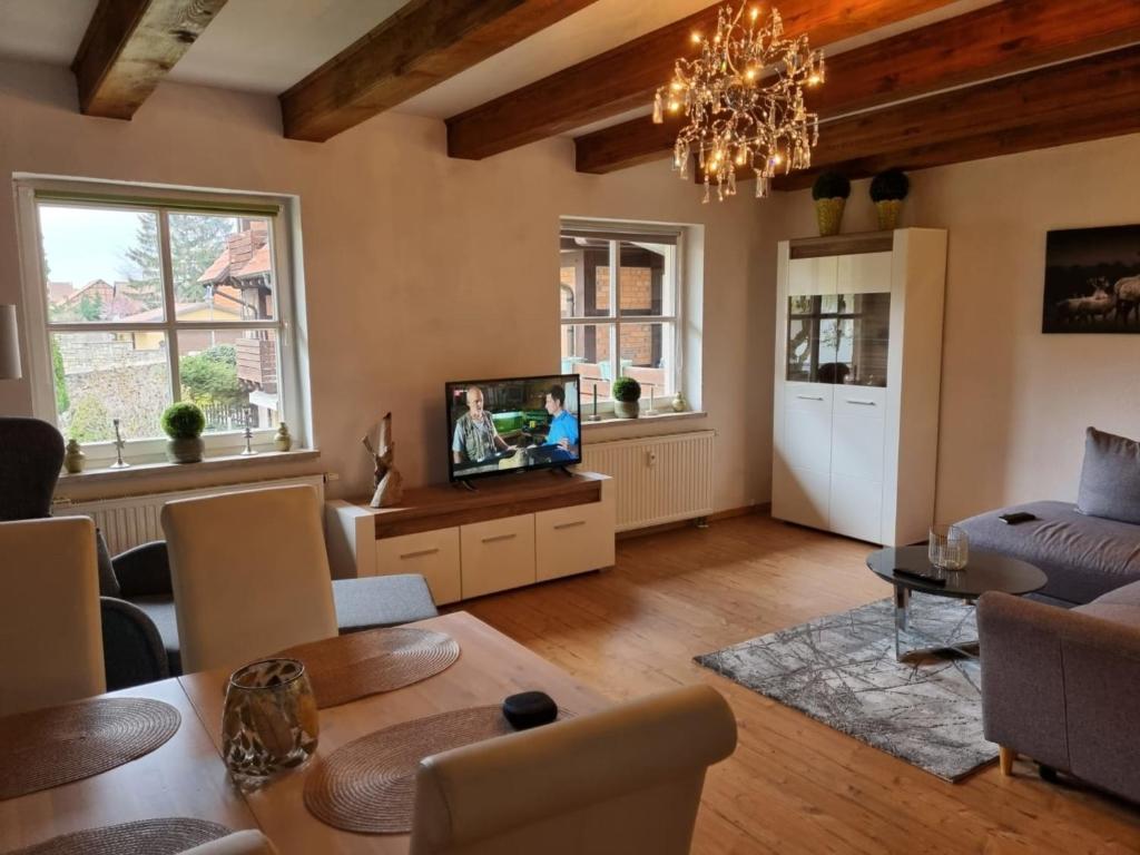 a living room with a couch and a tv at Domizil an der Huysburg in Dingelstedt