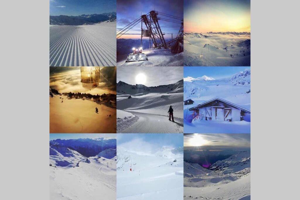 un collage de fotos de la nieve y un edificio en Bel appartement en résidence avec piscine, en Orelle