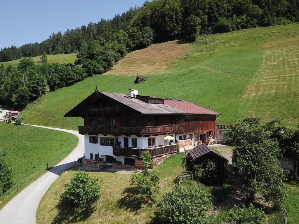 een huis op een heuvel met een geit op het dak bij Schoners Einfanghof WILD005 in Niederau