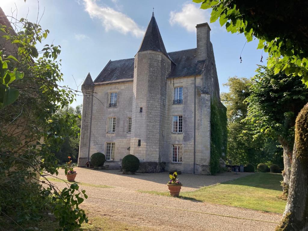 an old stone castle with a tower on a road at Château de Ré in Le Petit-Pressigny