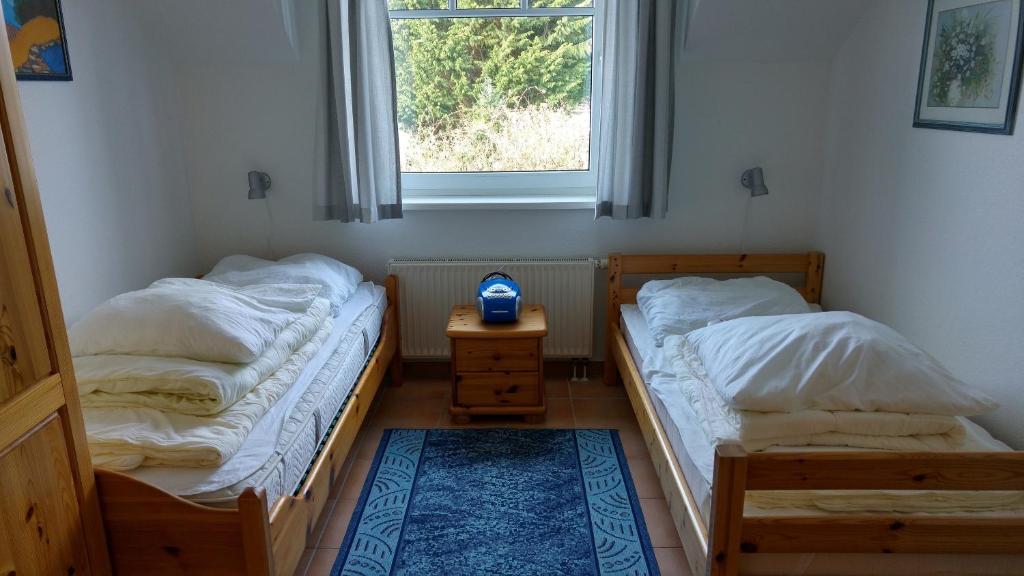 two twin beds in a room with a window at Fehmarn-OstseeferienZum Leuchtturm 150Whg 11 in Gollendorf