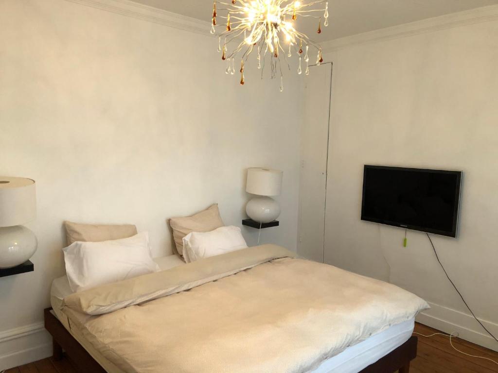 1 dormitorio con 1 cama con TV y lámpara de araña en Trouville centre en Trouville-sur-Mer