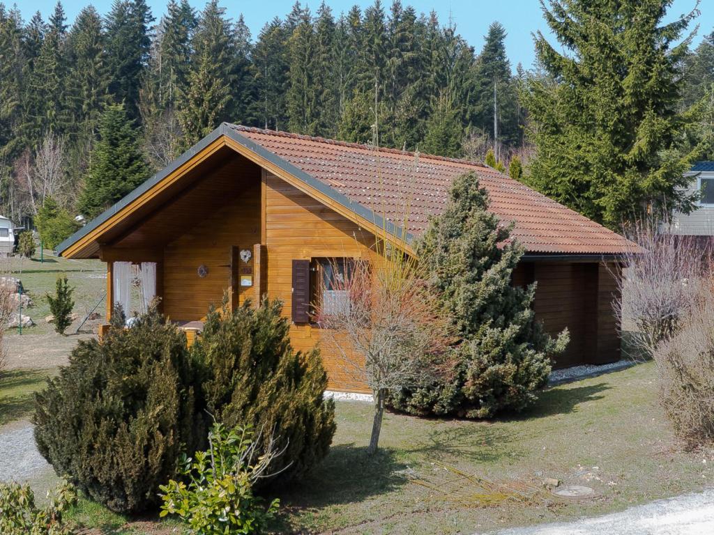 una cabaña de madera con árboles delante de ella en Ferienhaus Nr 15, Typ A, Feriendorf Jägerpark, Bayerischer Wald, en Viechtach