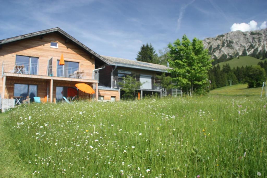a house on a hill with a field of flowers at Fewo Nachbaur Typ A1 in Oberjoch