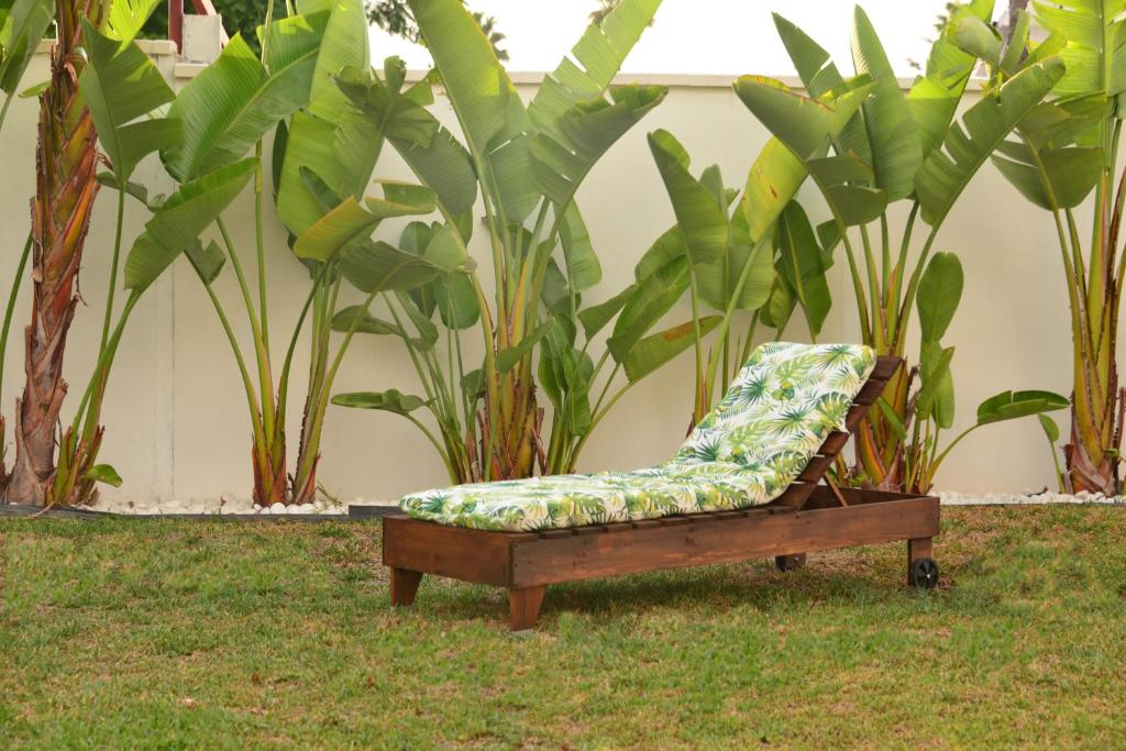 una silla sentada en el césped junto a algunas plantas en Villa Isabelita, en Torremolinos