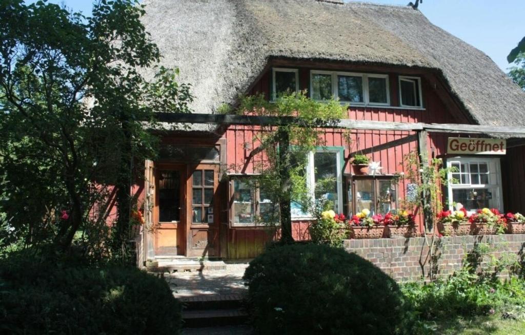 una casa roja con techo de paja en Ferienwohnung "Nordstrand", en Prerow