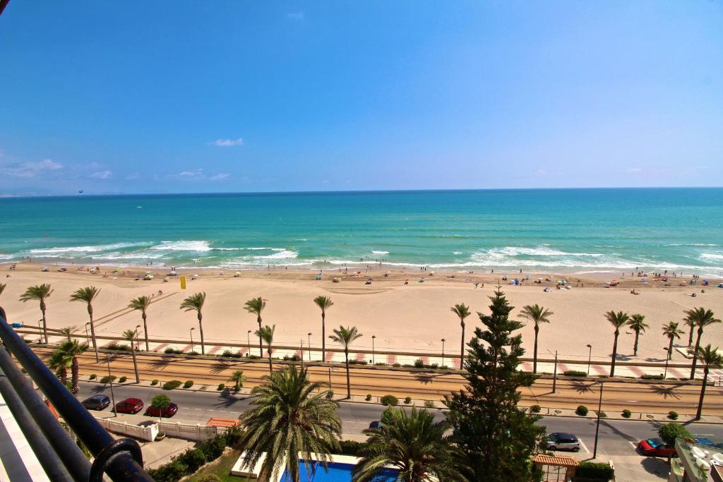 uma vista para uma praia com palmeiras e para o oceano em PRIMERA LINEA MUCHAVISTA BEACH em El Campello