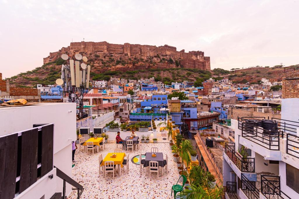a view of the city of chefchaouen with blue buildings at The Hosteller Jodhpur, Old in Jodhpur