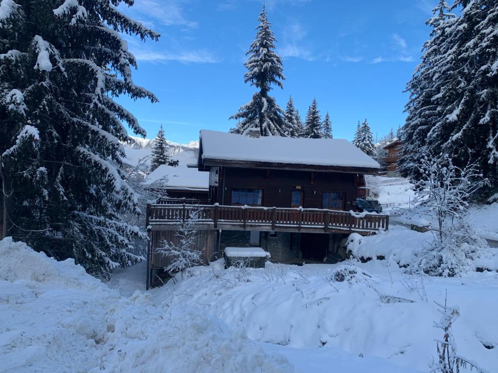 una cabaña de madera en la nieve con árboles nevados en chalet clémentine, en La Tania