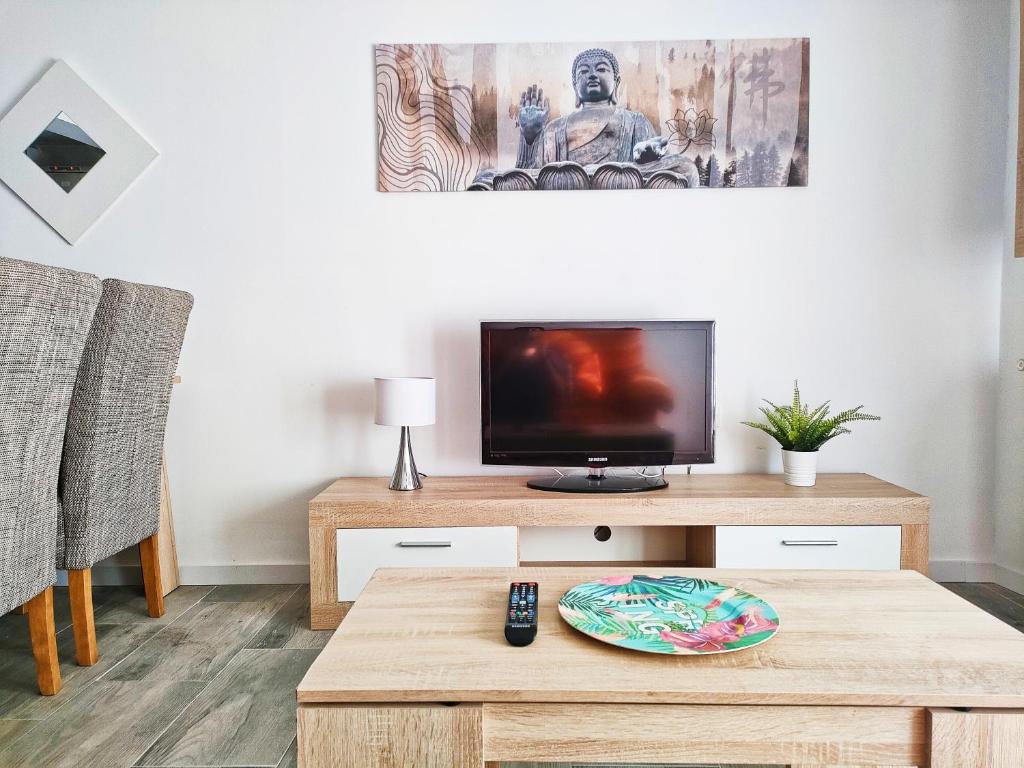 a living room with a tv and a coffee table at Estrella Polar in Tarancón
