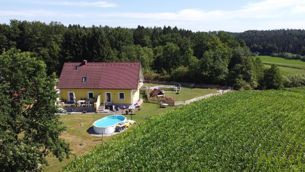 an aerial view of a house with a swimming pool at HAUS SONBERG mit Garten, Pool, Fasssauna, semi detached house with garden in Deutschlandsberg