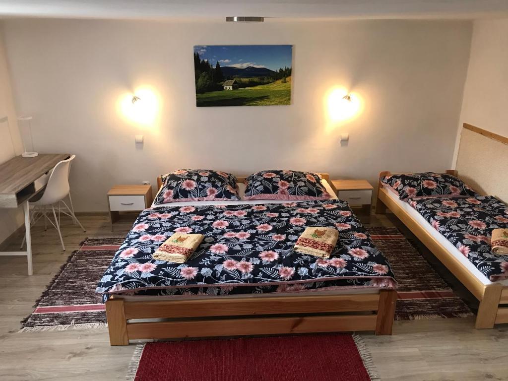 1 dormitorio con 2 camas y escritorio en Apartmán Jedlička, en Telgárt