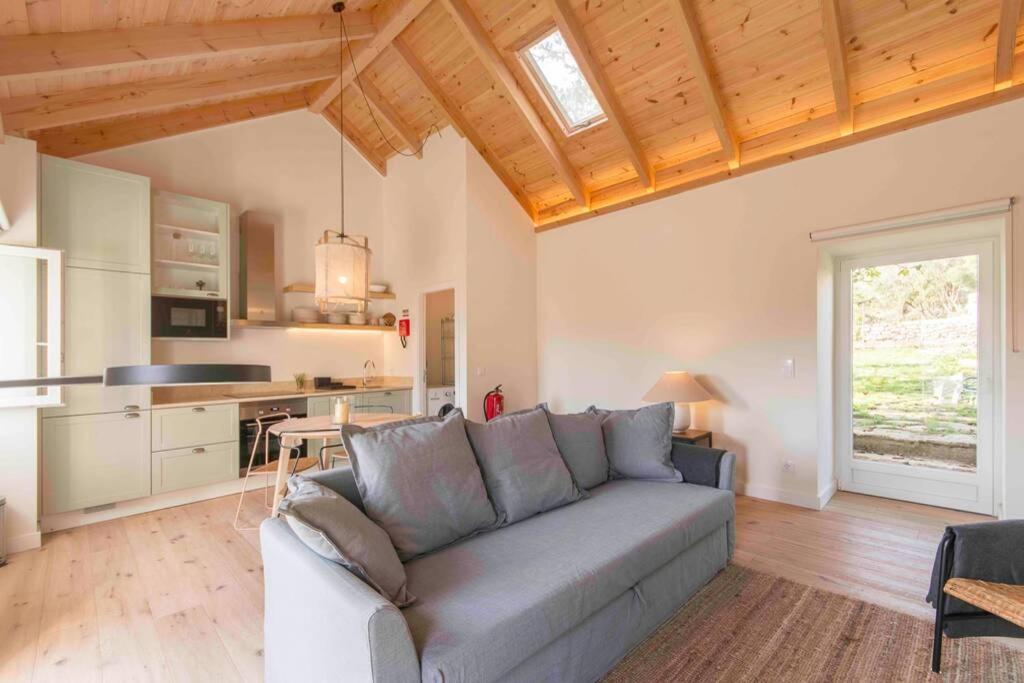 sala de estar con sofá y cocina en Walnut Cottage - Cosiness between hills and sea., en Nafarros