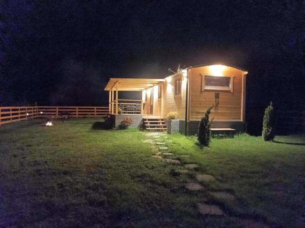 a cabin at night with a light on it at La Casuta din Ciocanesti Art in Ciocăneşti