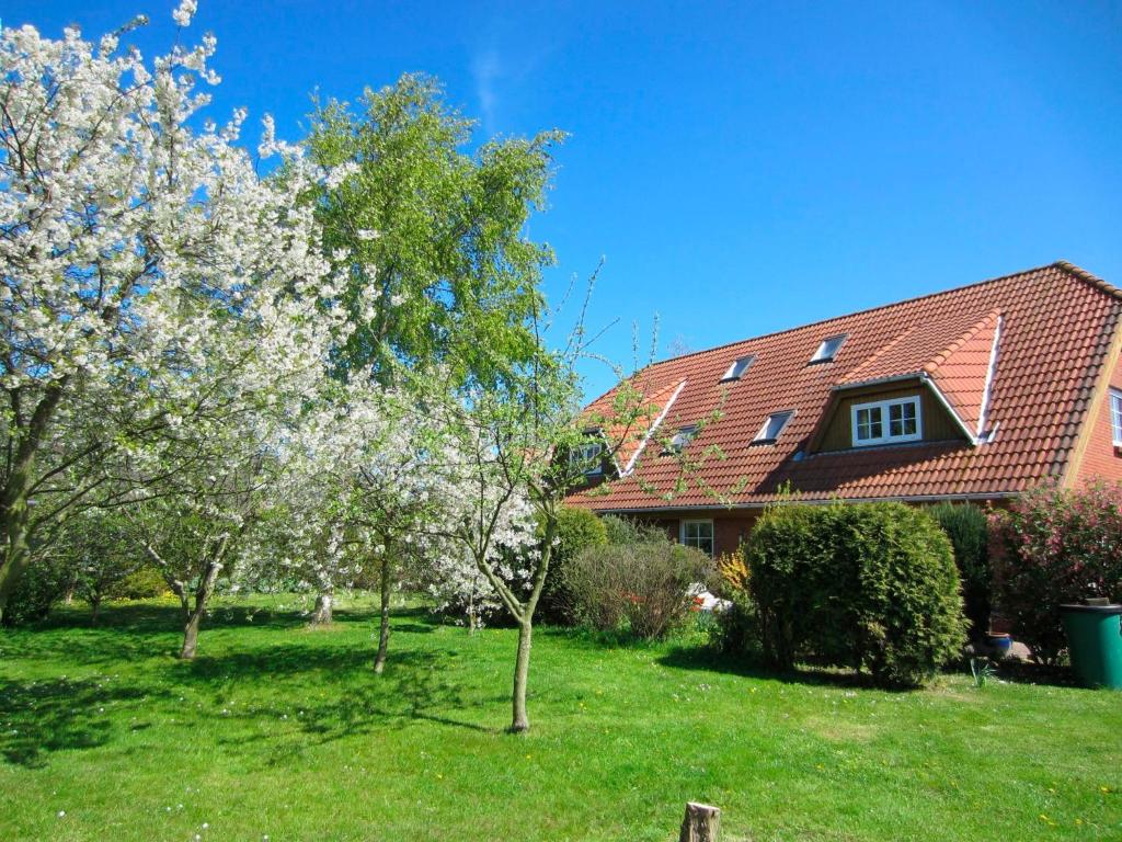 una casa con techo rojo con árboles en el patio en Ferienhof Böhnke Nr4, en Puttgarden