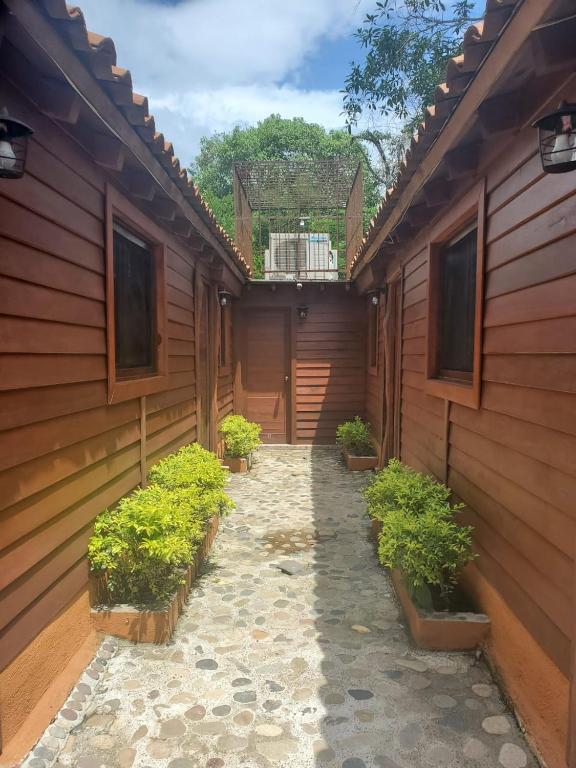 a courtyard of a house with potted plants at Cabañas Corazón in Troncones