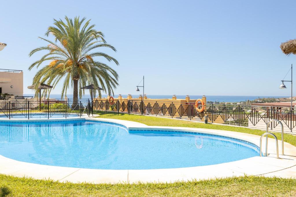 a large swimming pool with palm trees in the background at Brisas de Almayate in Almayate Alto