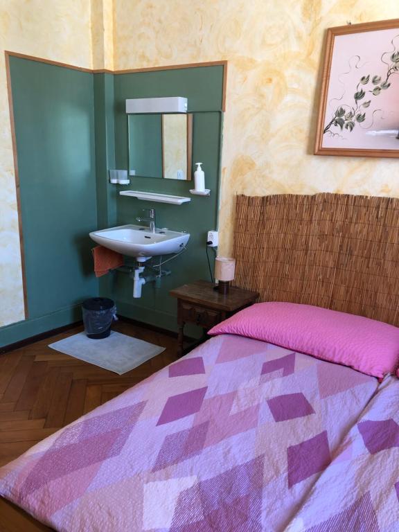 a bedroom with a bed and a sink in a room at Chambres d'Hotes Le Passiflore in Les Brenets