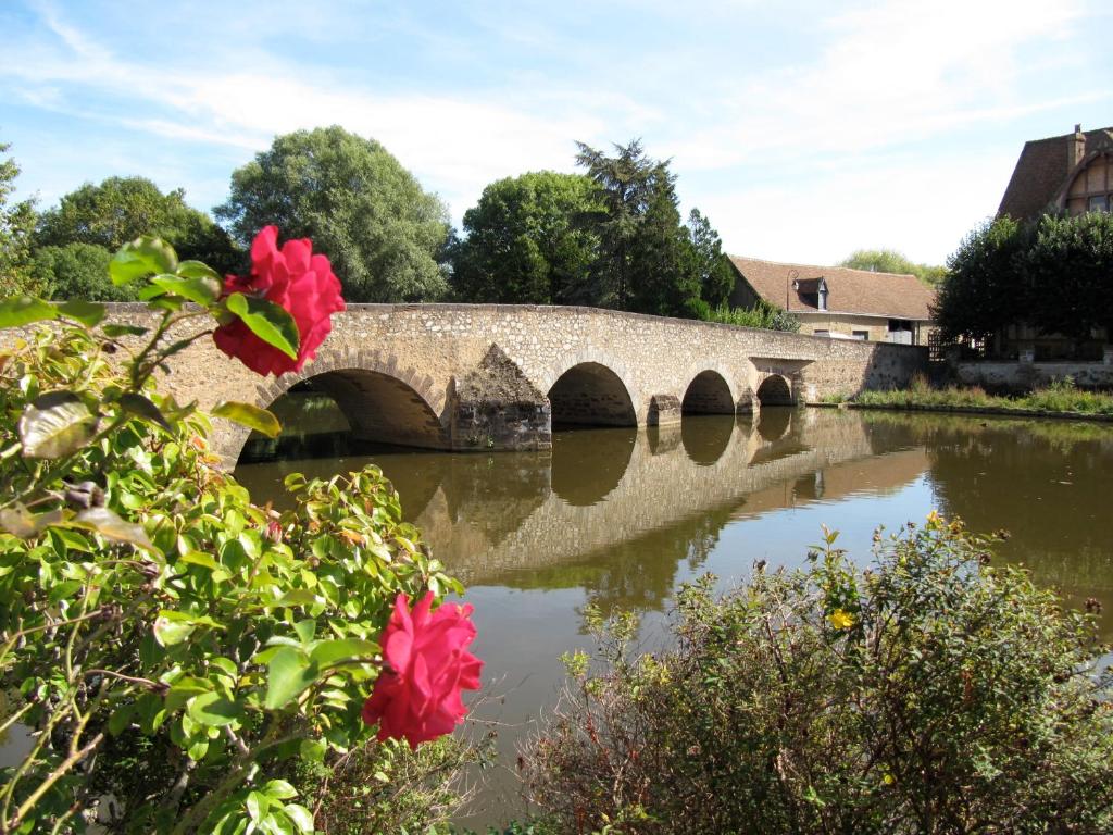 eine Steinbrücke über einen Fluss mit roten Blumen in der Unterkunft Suite Sainte Anne in Beaumont-sur-Sarthe