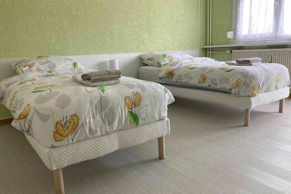 deux lits dans une chambre aux murs verts dans l'établissement Studio Lora RM 1184L, à Saint-Louis