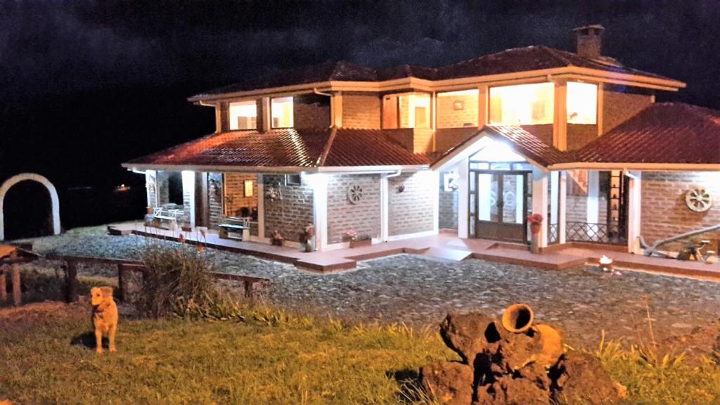 a dog standing in front of a house at night at Balcon al Cotopaxi Hosteria in Sangolquí