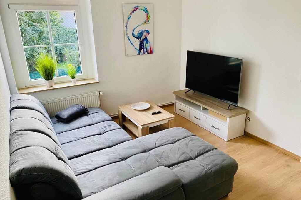 a living room with a couch and a flat screen tv at FeWo Seestadt mit Balkon in Goslar