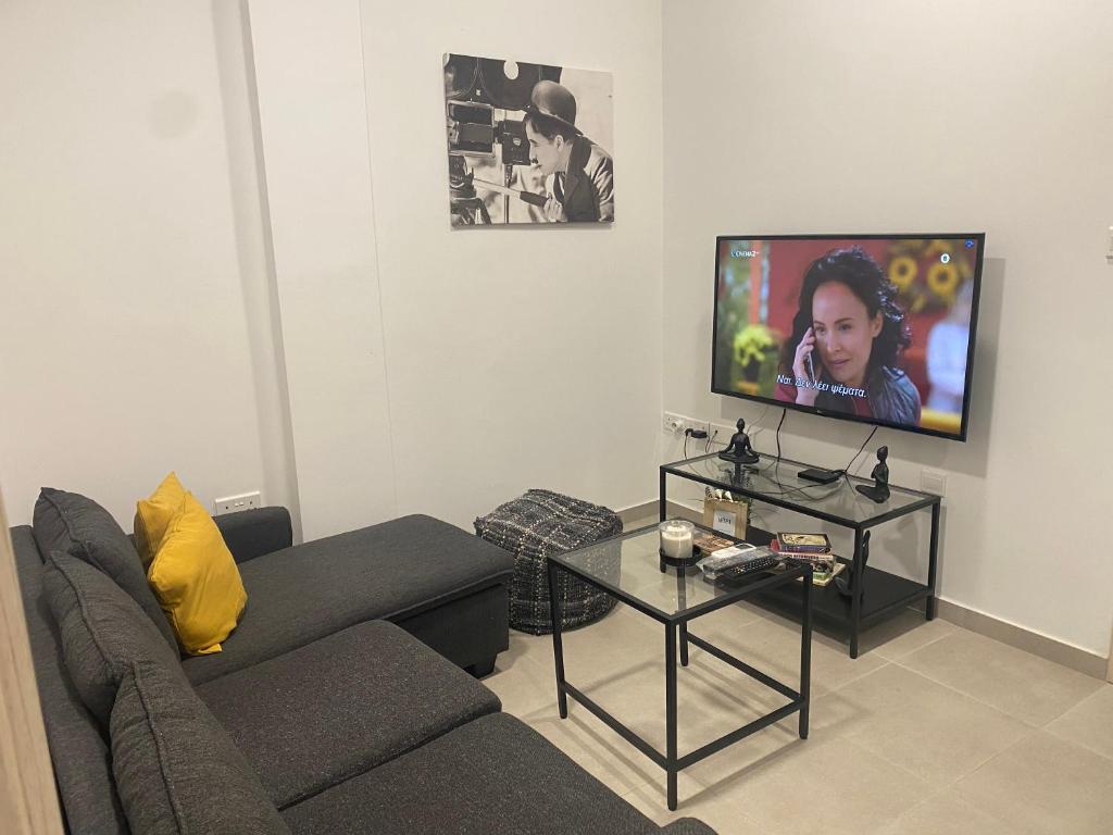 a living room with a couch and a tv at Modern City Center Apartment Saripolou 2 in Limassol