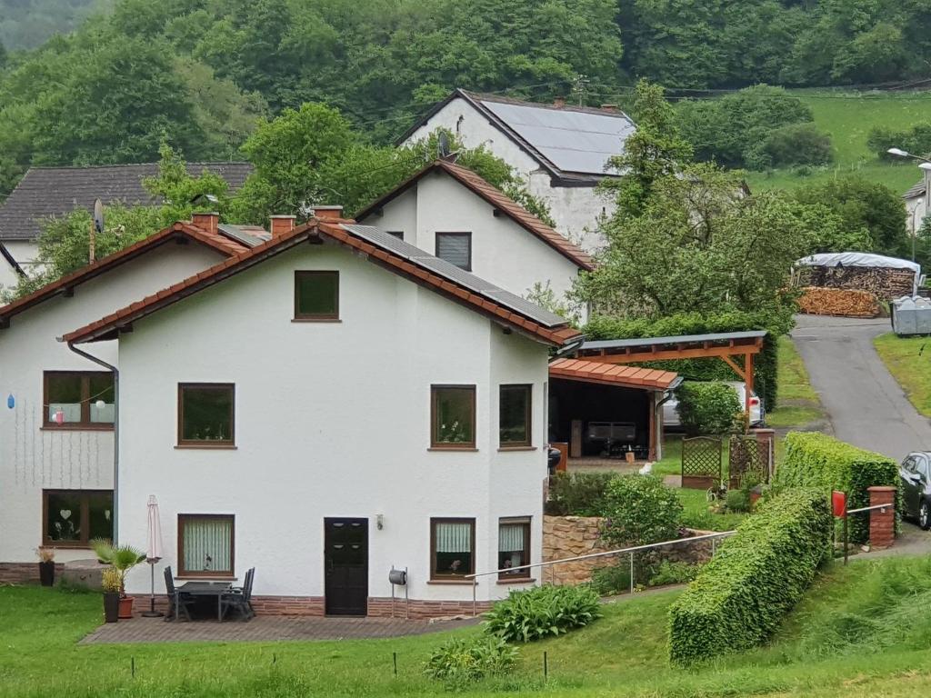 a white house with a yard and a driveway at Eifel Ferienwohnung Dahmen in Gerolstein