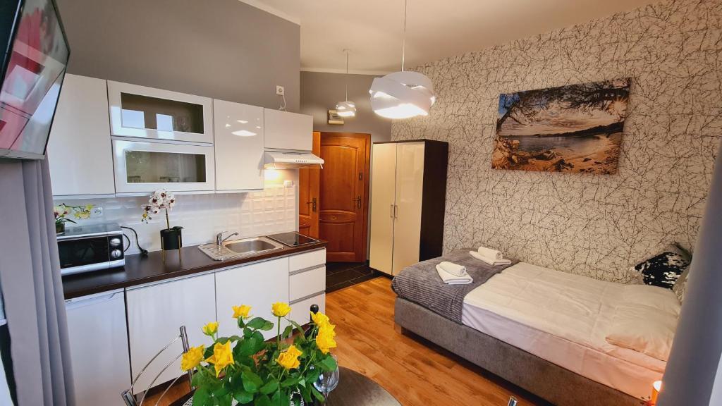 ein Schlafzimmer mit einem Bett und eine Küche mit einem Waschbecken in der Unterkunft Apartament Wilcza przy Szlaku in Karpacz