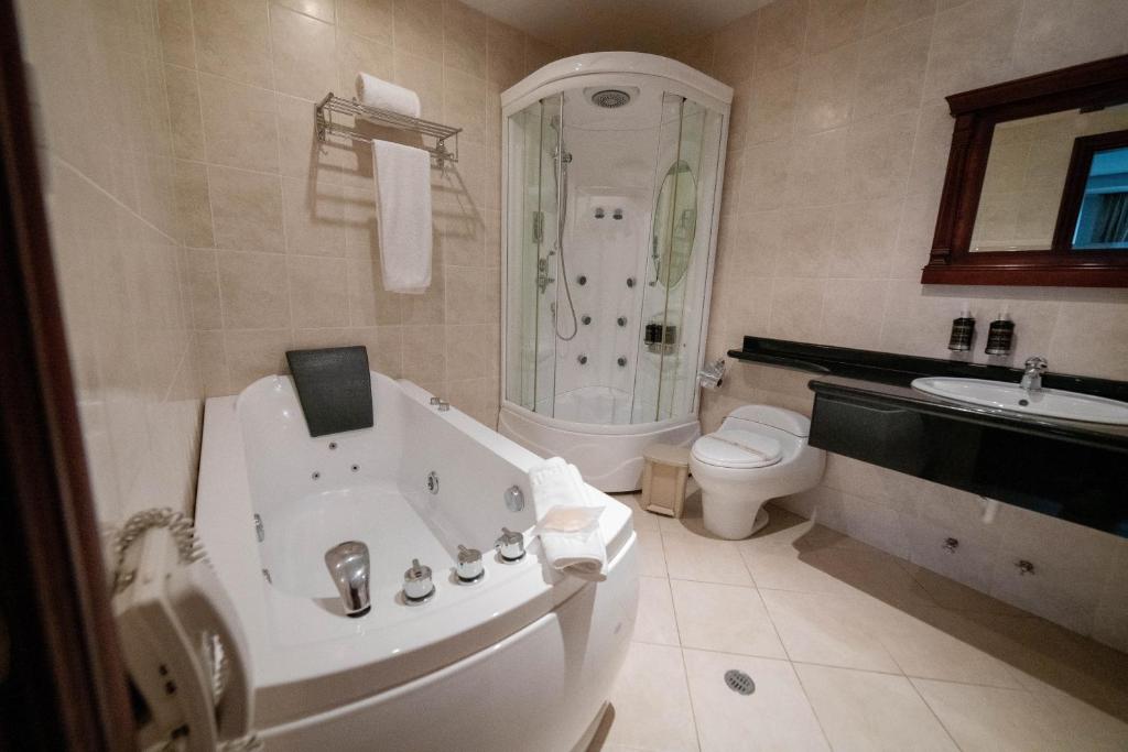 a bathroom with a tub and a toilet and a sink at Grand Victoria Boutique Hotel in Loja