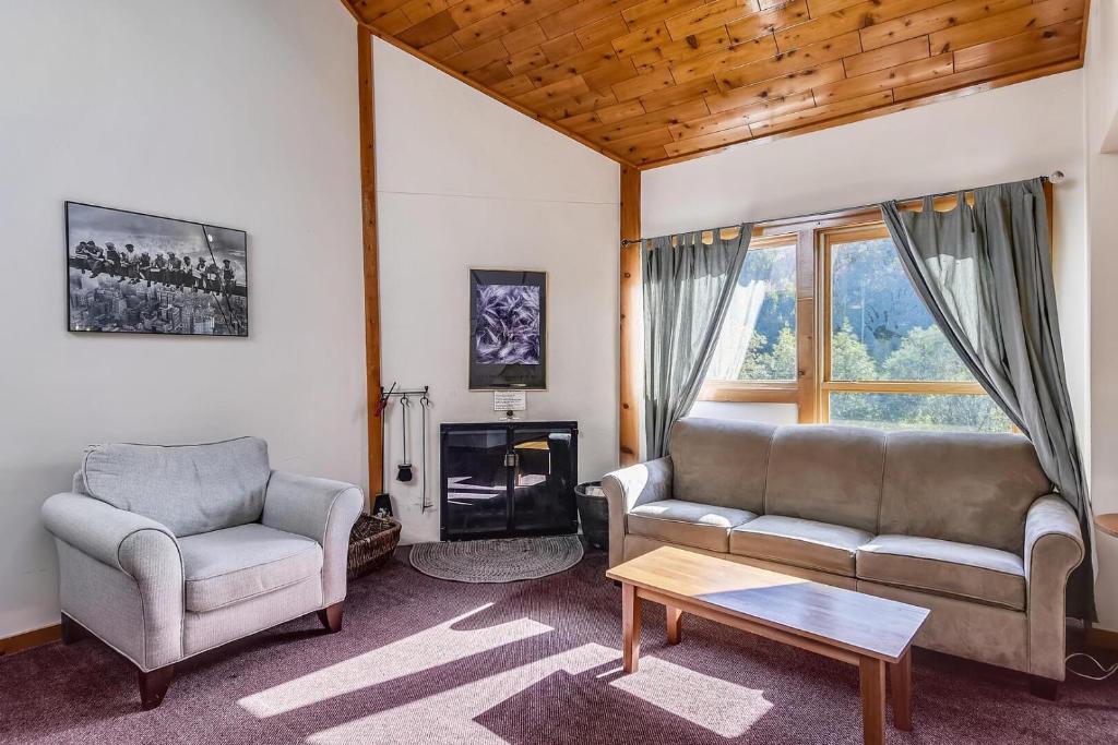 a living room with two couches and a fireplace at Trail Creek 05 in Killington