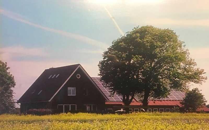 um celeiro negro com uma árvore num campo em Higgen Adamla em Stedesdorf