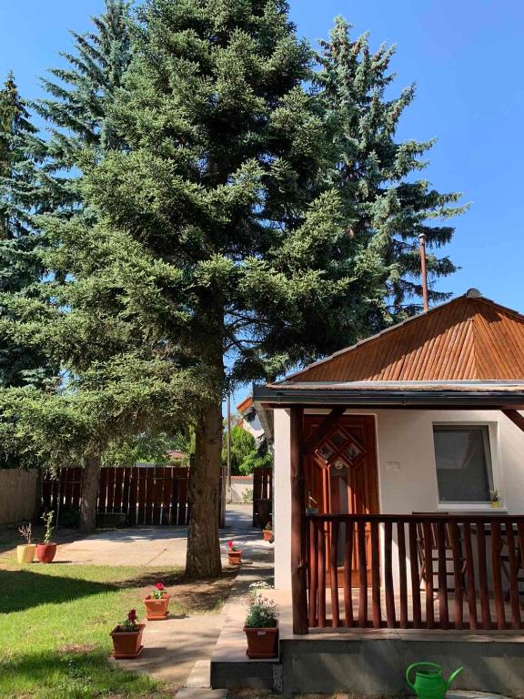 un arbre à côté d'une maison avec terrasse couverte dans l'établissement Mineral apartman Crystal, à Sóstófürdő