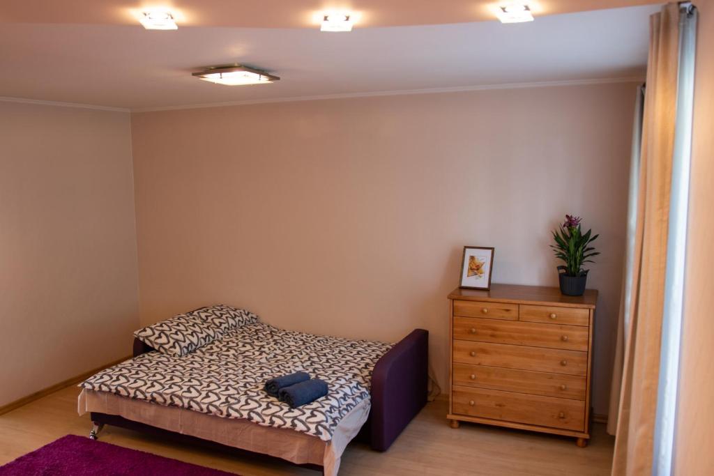 ein Schlafzimmer mit einem Bett und einer Holzkommode in der Unterkunft Apartament Amber, Liepāja in Liepāja
